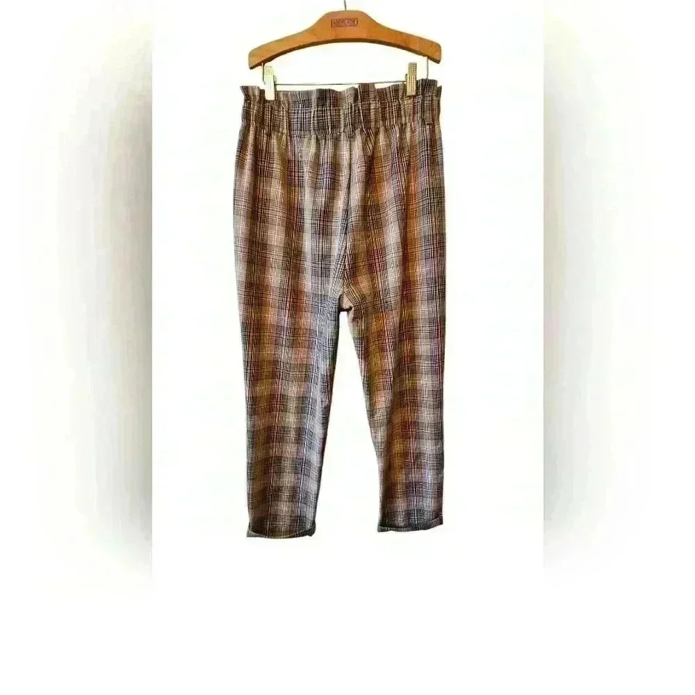 LUMIERE Womens Pants Ruffled Elastic Waist Cuffed Trousers Plaid Sz Large - Picture 2 of 7